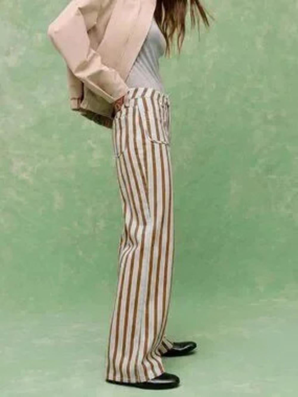 Khaki Casual Women's High-Waist Striped Wide-Leg Pants With Front Pockets